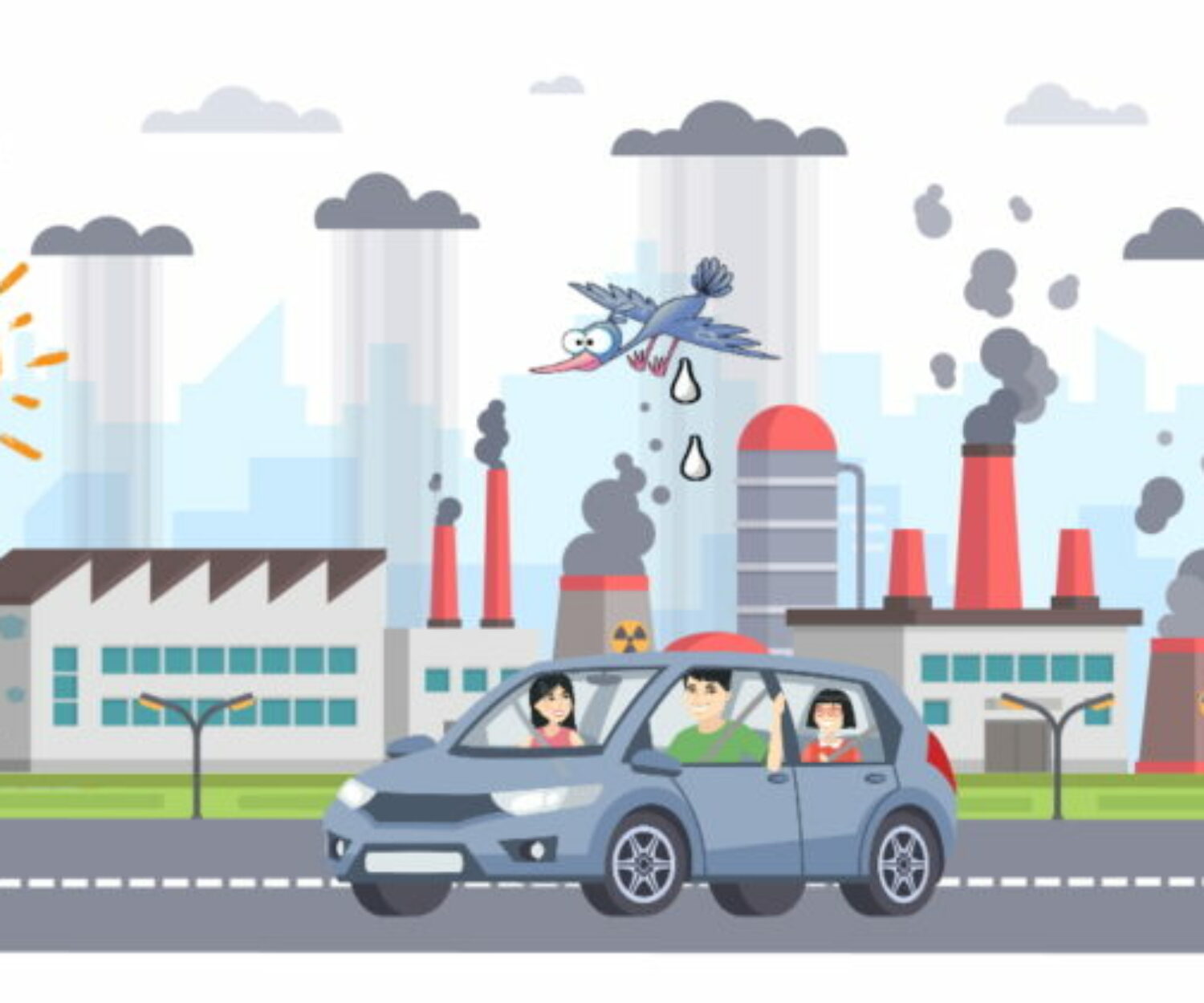 Air pollution - modern flat design style vector illustration on white background. A composition with a big factory making hazardous substances emissions, cars on the road, lanterns, buildings