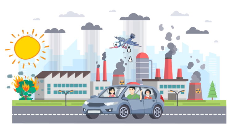 Air pollution - modern flat design style vector illustration on white background. A composition with a big factory making hazardous substances emissions, cars on the road, lanterns, buildings