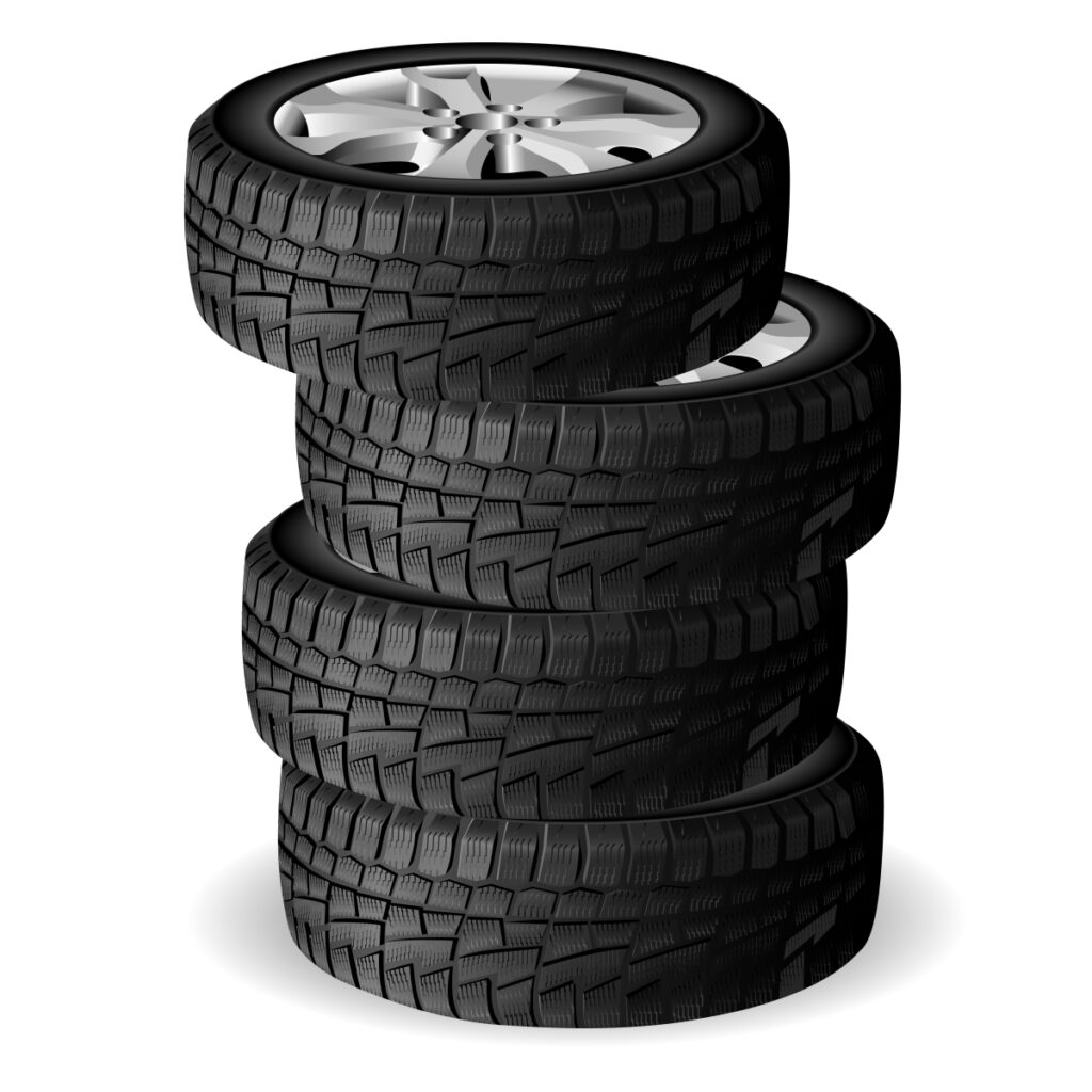 Winter tire stack. Tyre repair shop. Auto wheel vector illustration. Realistic Automobile rubber 3d render with rim. Cold snow worn and protect. New quality tyres side view for truck or suv